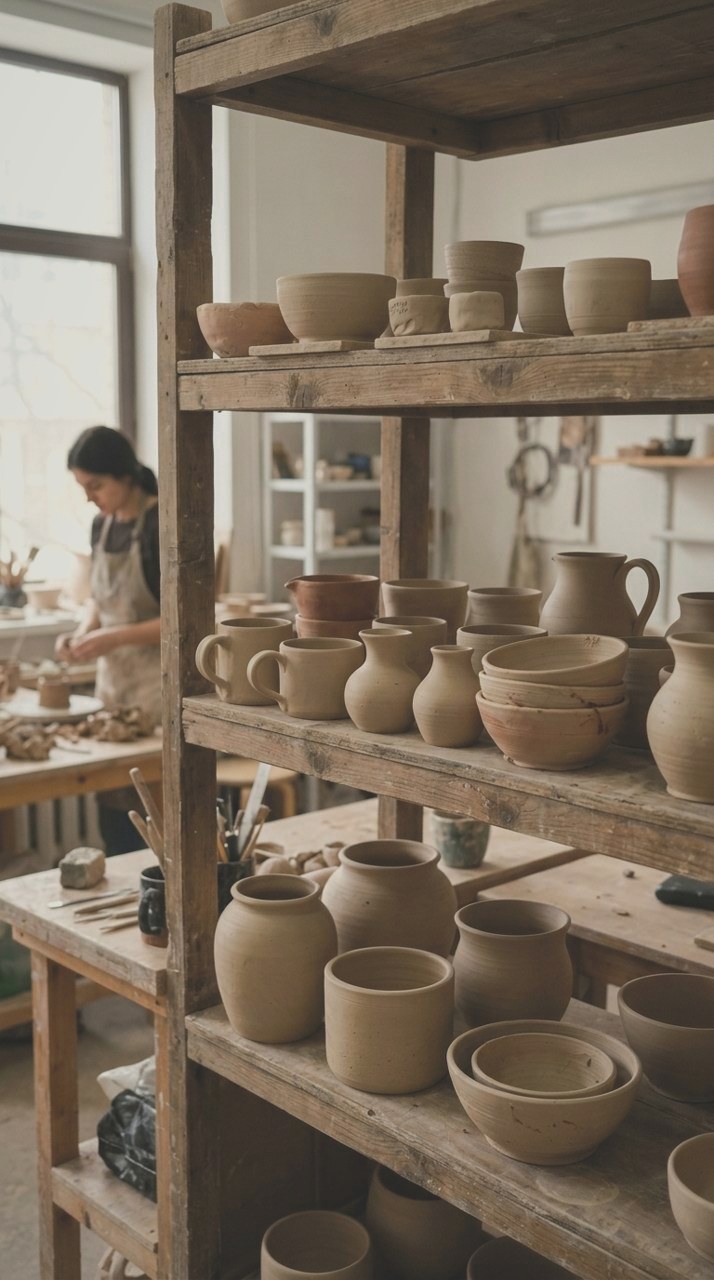 Graded with Subjects Library: Unglazed clay on the workshop shelf. The blue cast taken out of the shade, the whites kept apart.